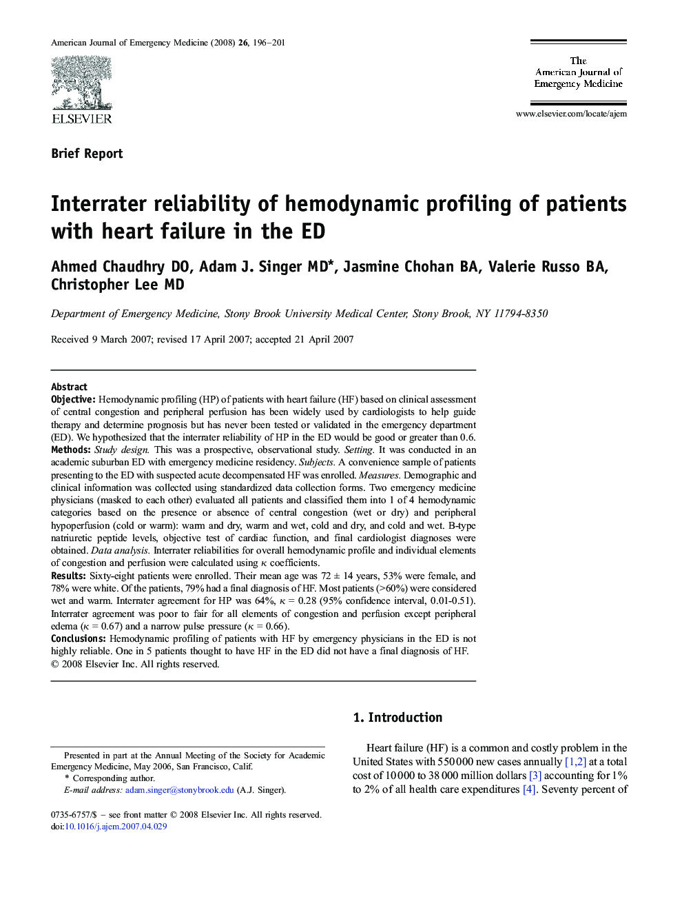 Interrater reliability of hemodynamic profiling of patients with heart failure in the ED