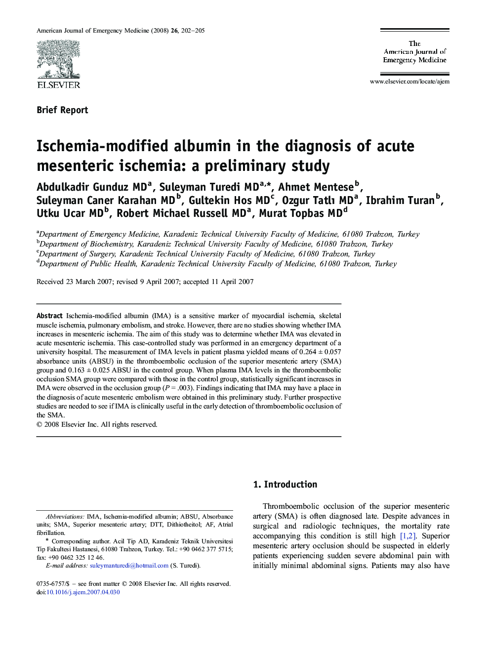 Ischemia-modified albumin in the diagnosis of acute mesenteric ischemia: a preliminary study