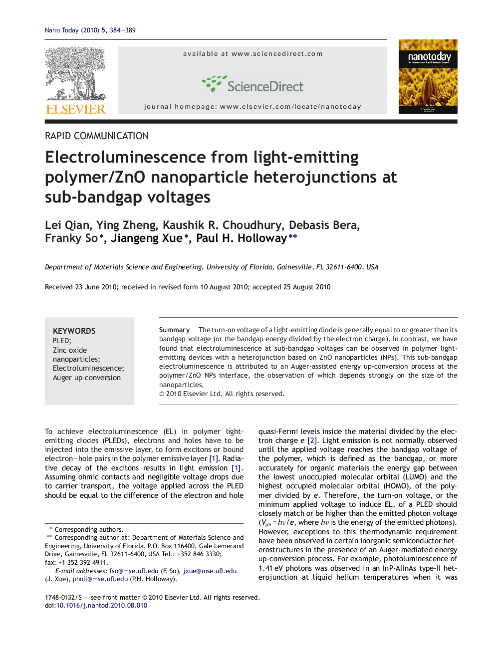 Electroluminescence from light-emitting polymer/ZnO nanoparticle heterojunctions at sub-bandgap voltages