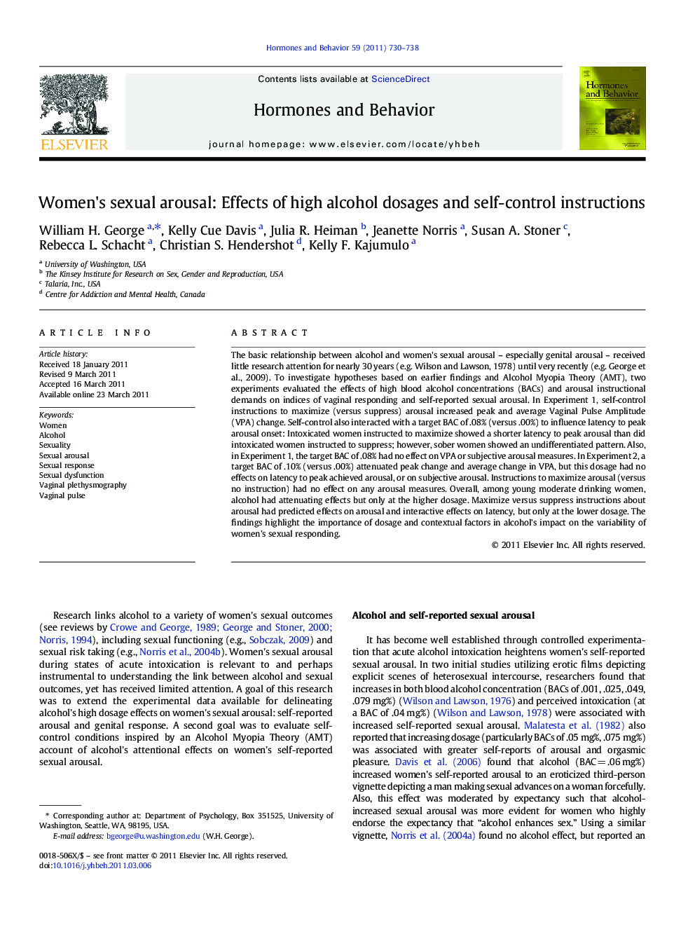 Women's sexual arousal: Effects of high alcohol dosages and self-control instructions