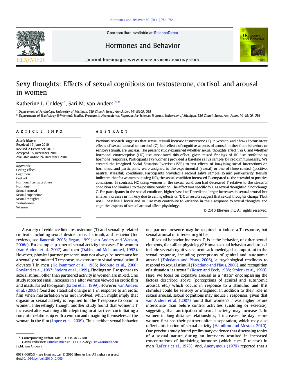 Sexy thoughts: Effects of sexual cognitions on testosterone, cortisol, and arousal in women