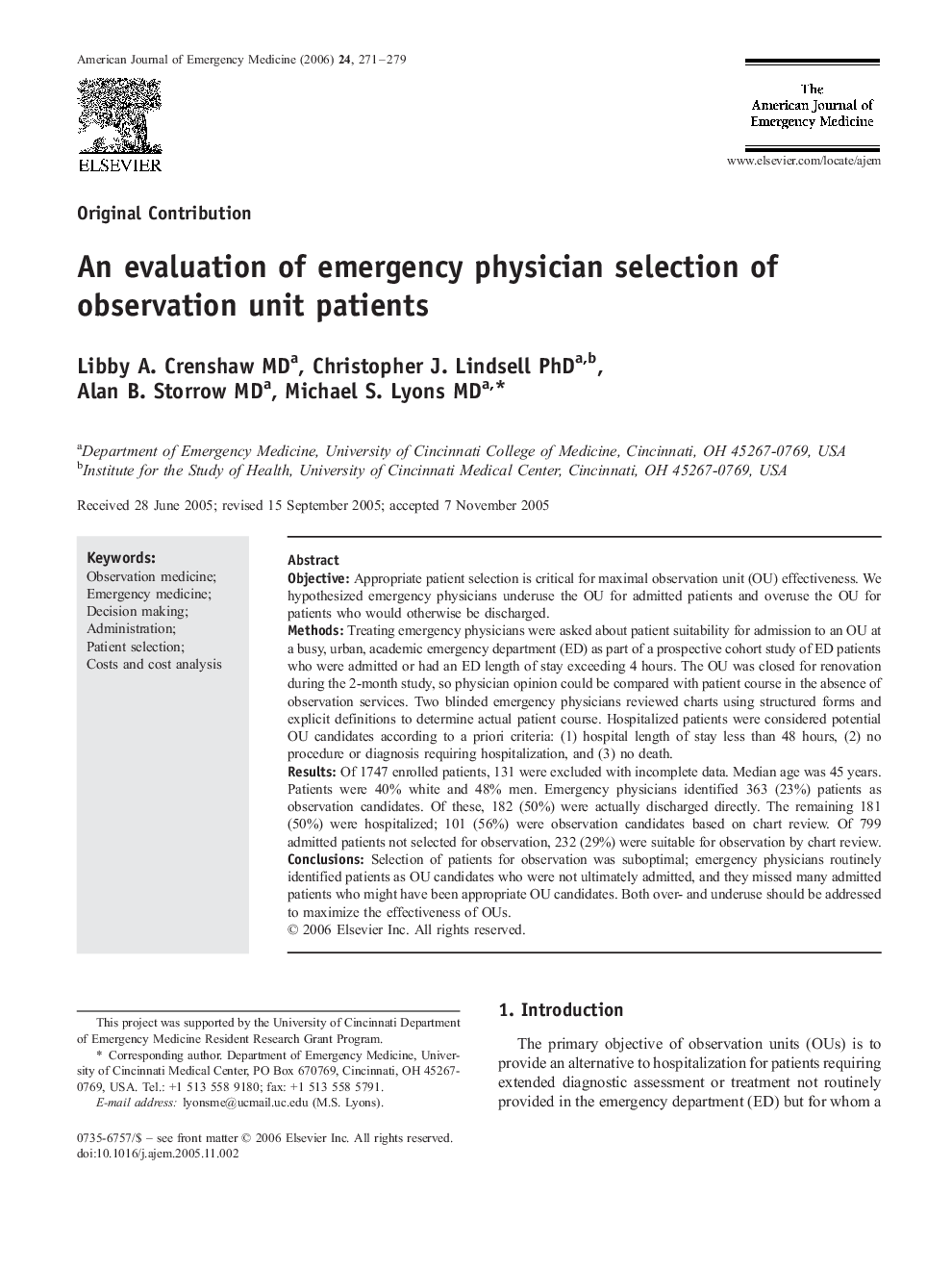 An evaluation of emergency physician selection of observation unit patients 