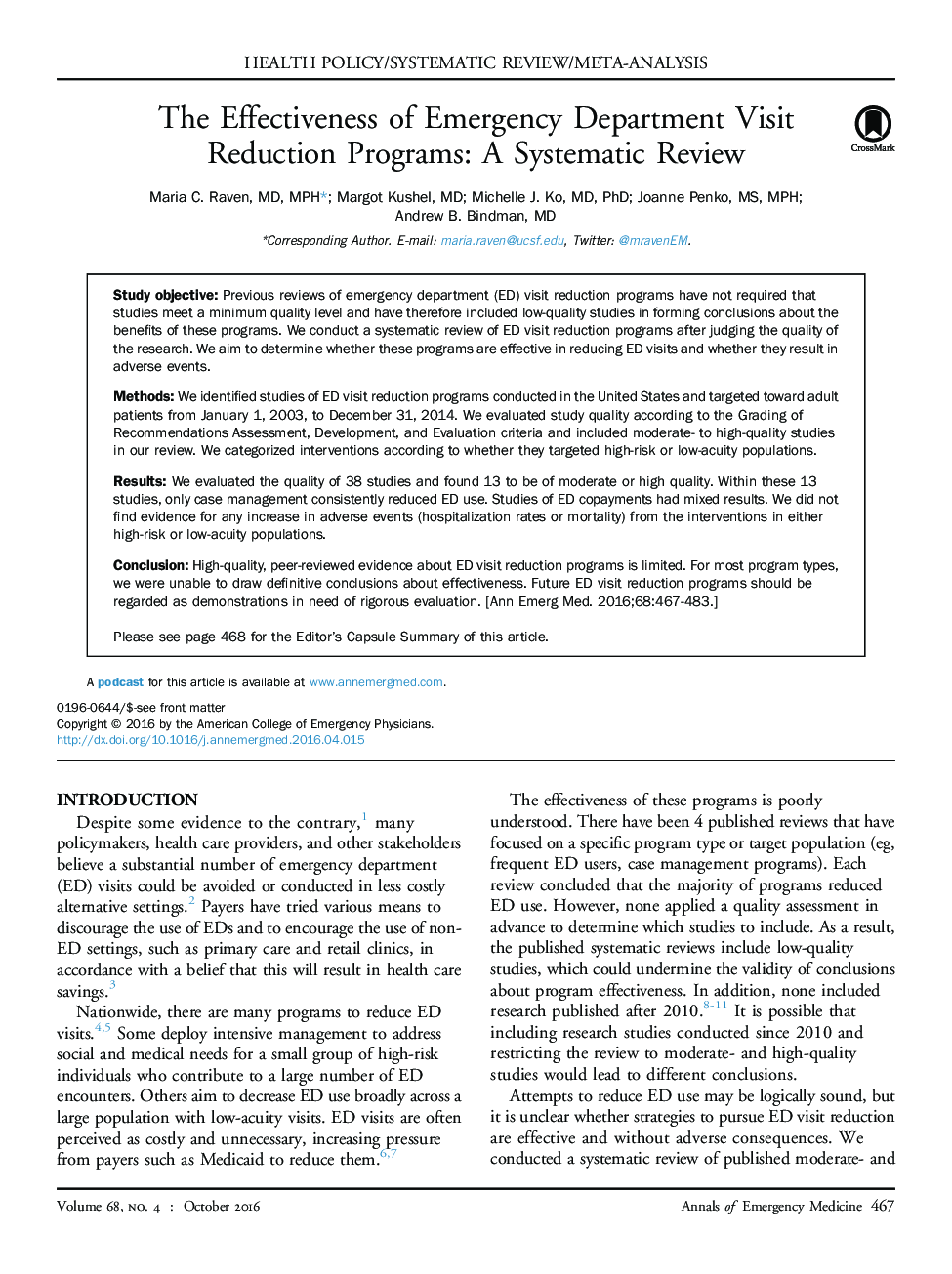 The Effectiveness of Emergency Department Visit Reduction Programs: A Systematic Review