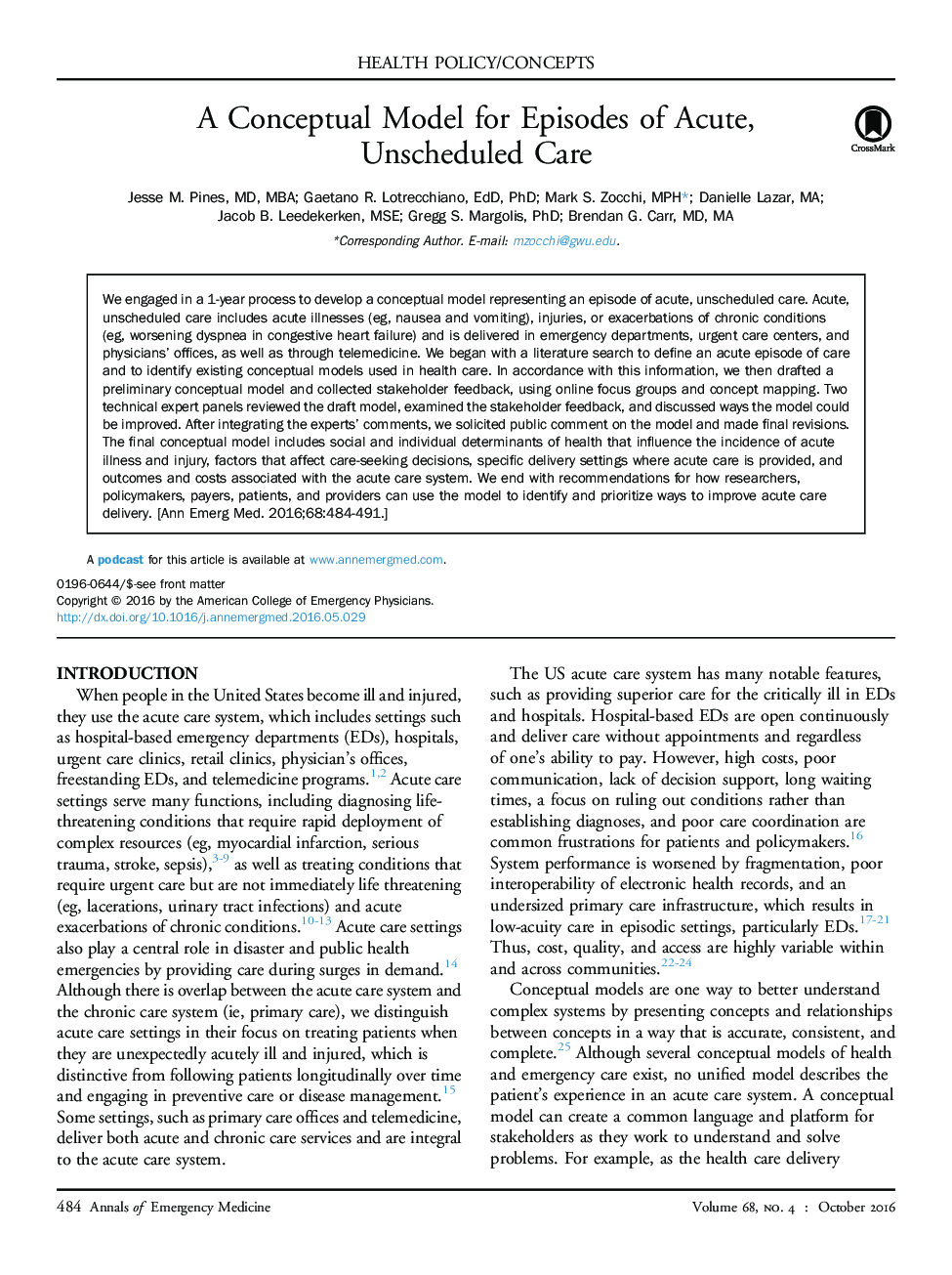 A Conceptual Model for Episodes of Acute, Unscheduled Care