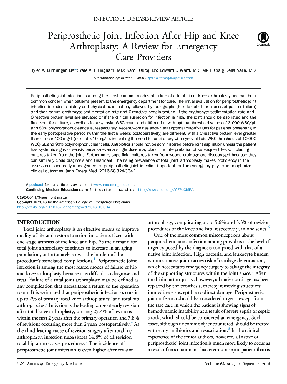 Periprosthetic Joint Infection After Hip and Knee Arthroplasty: A Review for Emergency Care Providers 