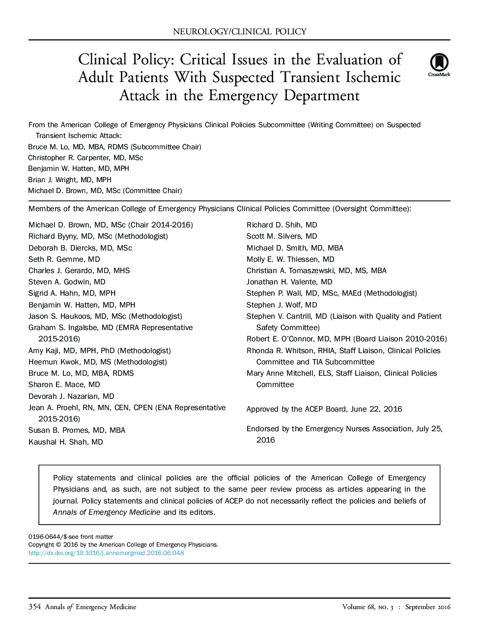 Clinical Policy: Critical Issues in the Evaluation of Adult Patients With Suspected Transient Ischemic Attack in the Emergency Department