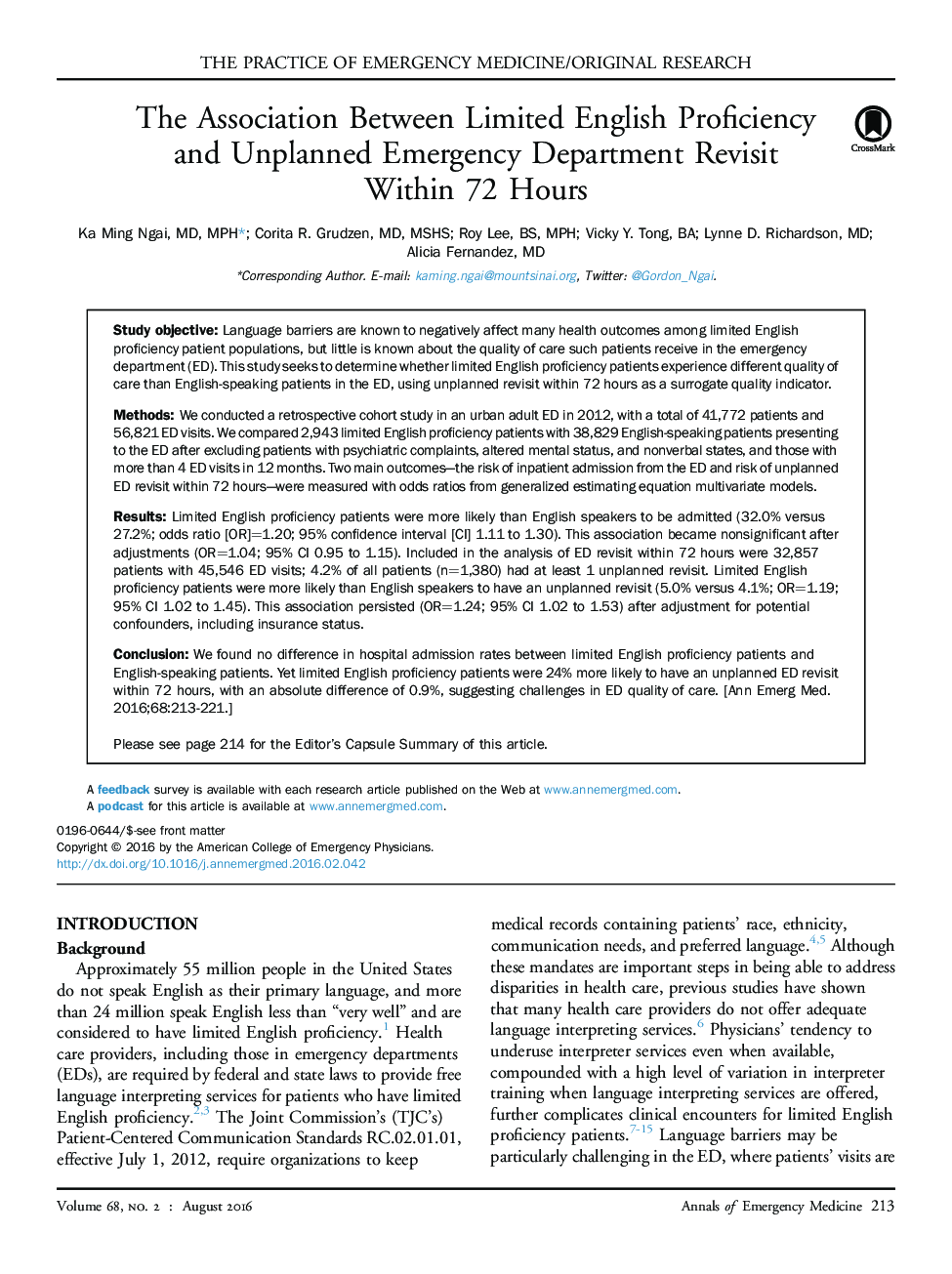 The Association Between Limited English Proficiency and Unplanned Emergency Department Revisit Within 72 Hours 