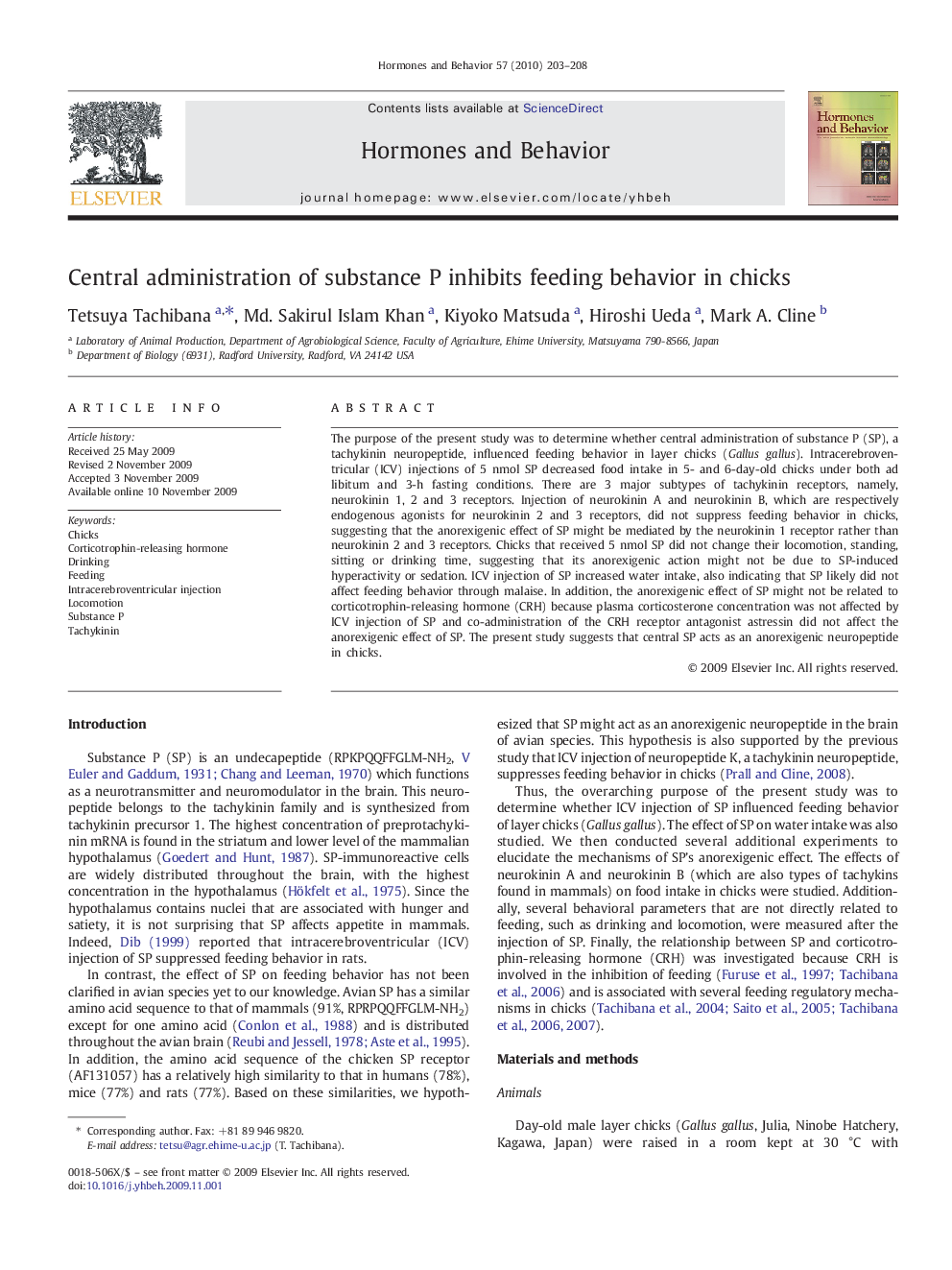 Central administration of substance P inhibits feeding behavior in chicks