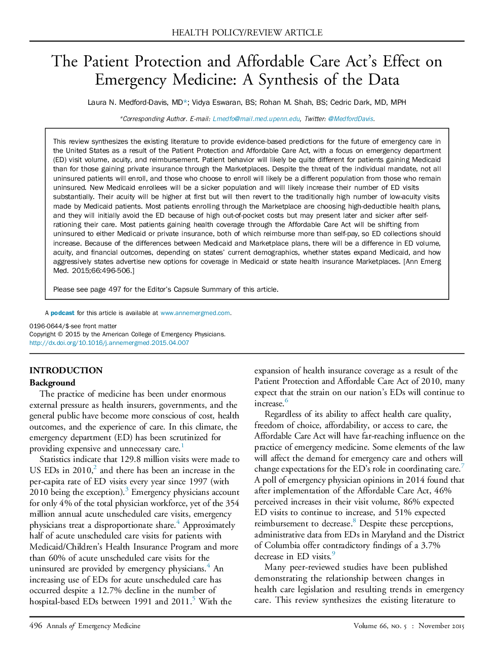 The Patient Protection and Affordable Care Act’s Effect on Emergency Medicine: A Synthesis of the Data 