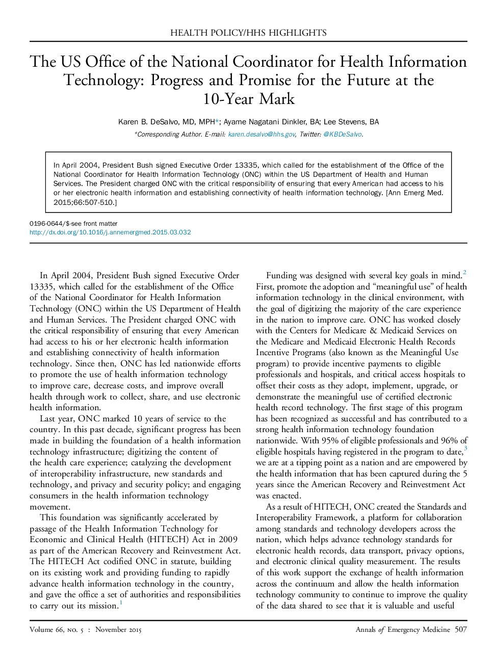 The US Office of the National Coordinator for Health Information Technology: Progress and Promise for the Future at the 10-Year Mark 