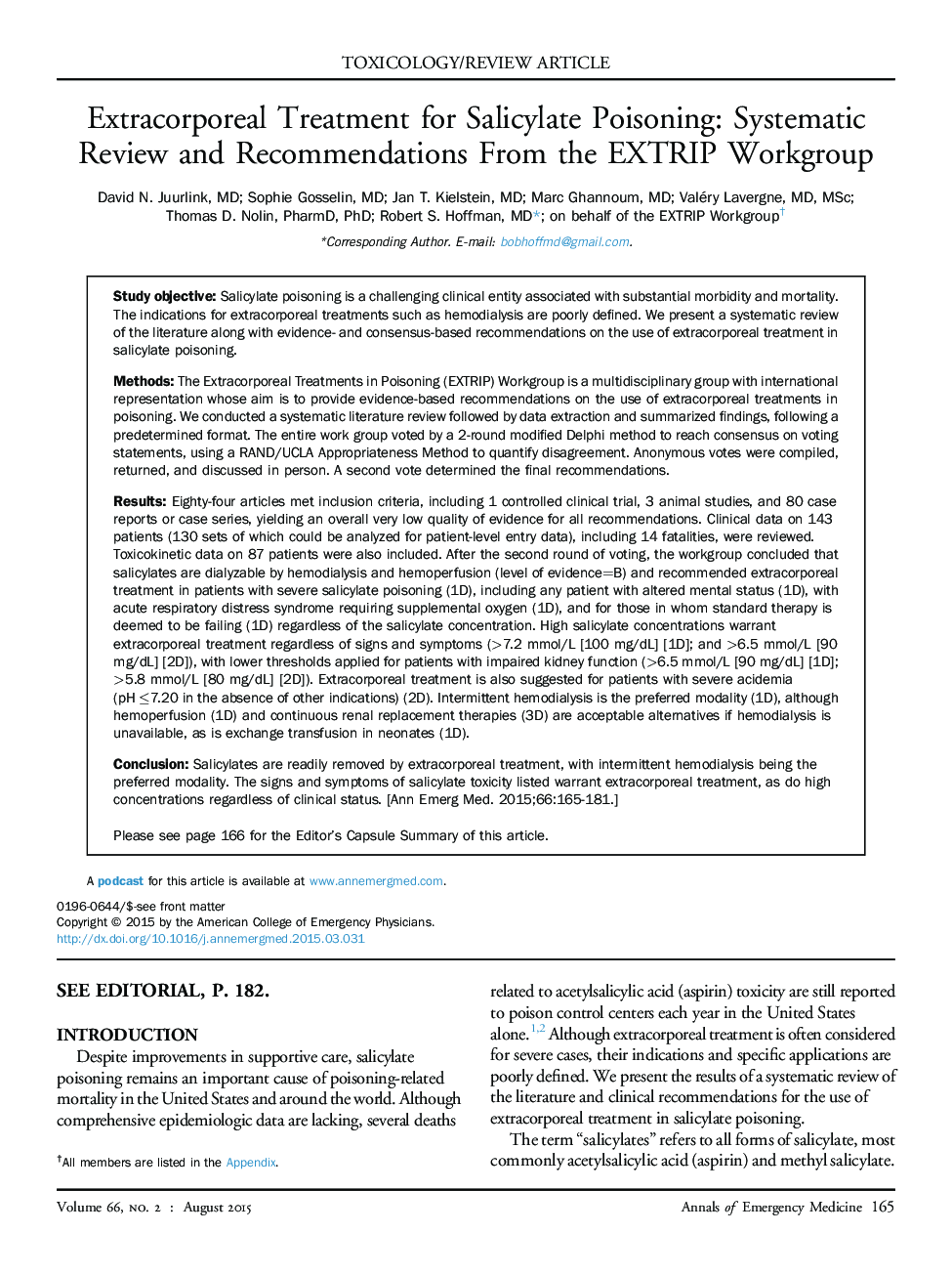 Extracorporeal Treatment for Salicylate Poisoning: Systematic Review and Recommendations From the EXTRIP Workgroup 