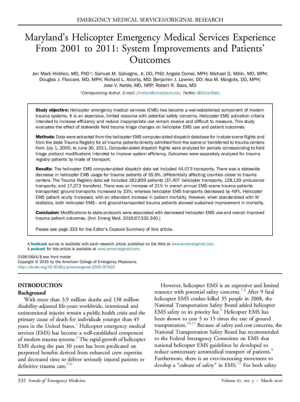 Maryland's Helicopter Emergency Medical Services Experience From 2001 to 2011: System Improvements and Patients' Outcomes