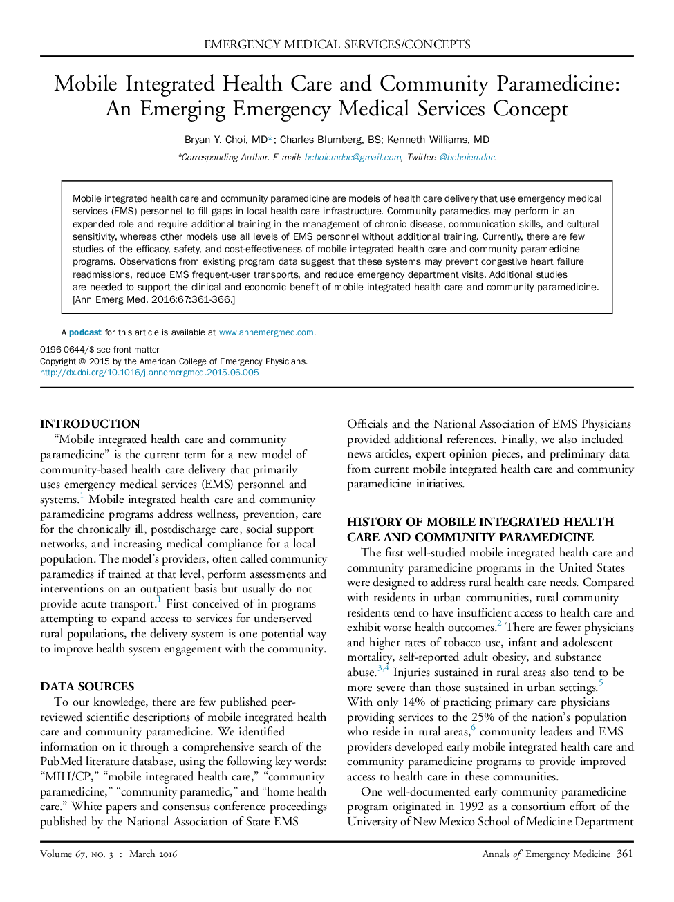 Mobile Integrated Health Care and Community Paramedicine: An Emerging Emergency Medical Services Concept 