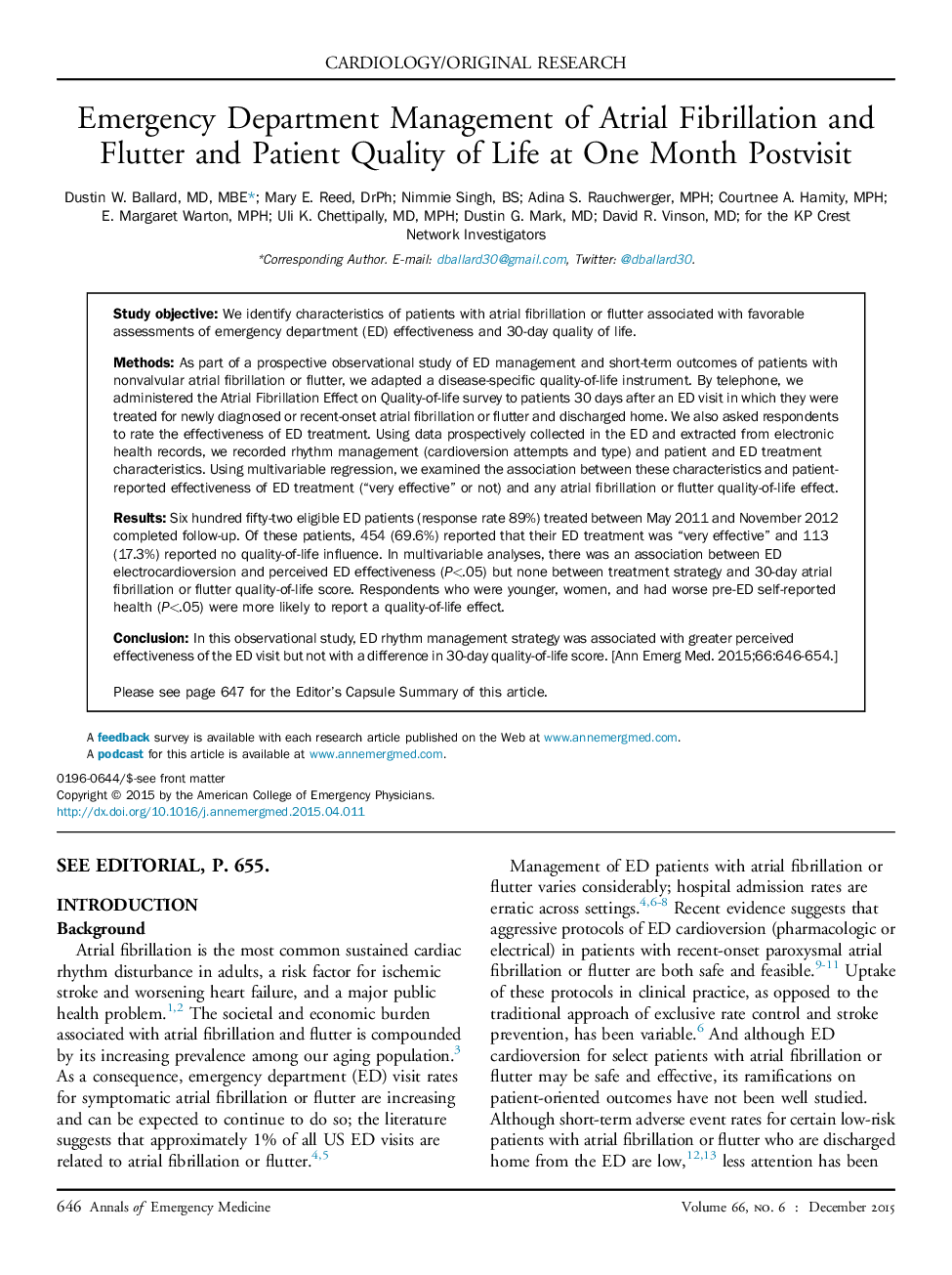 Emergency Department Management of Atrial Fibrillation and Flutter and Patient Quality of Life at One Month Postvisit