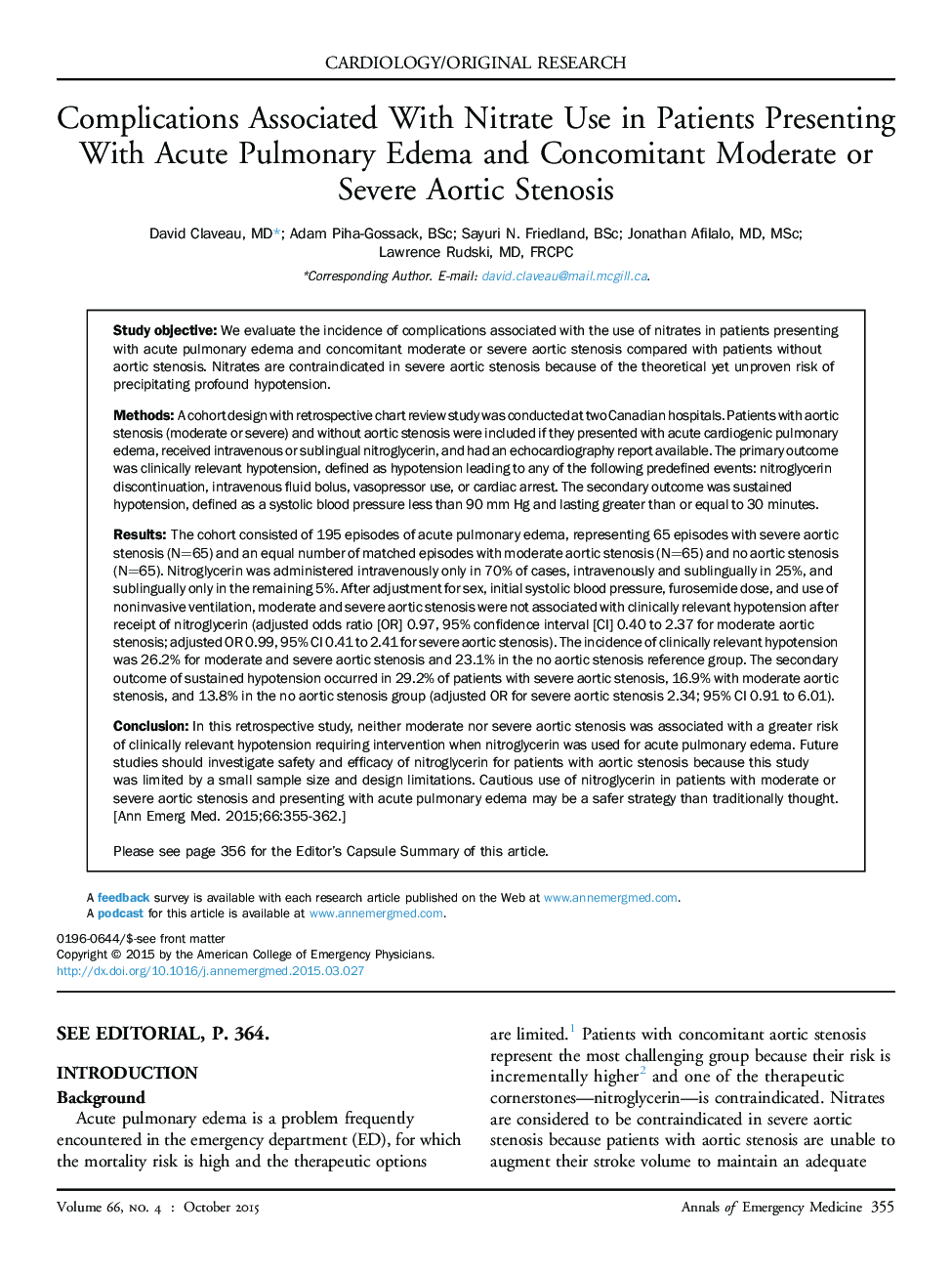 Complications Associated With Nitrate Use in Patients Presenting With Acute Pulmonary Edema and Concomitant Moderate or Severe Aortic Stenosis