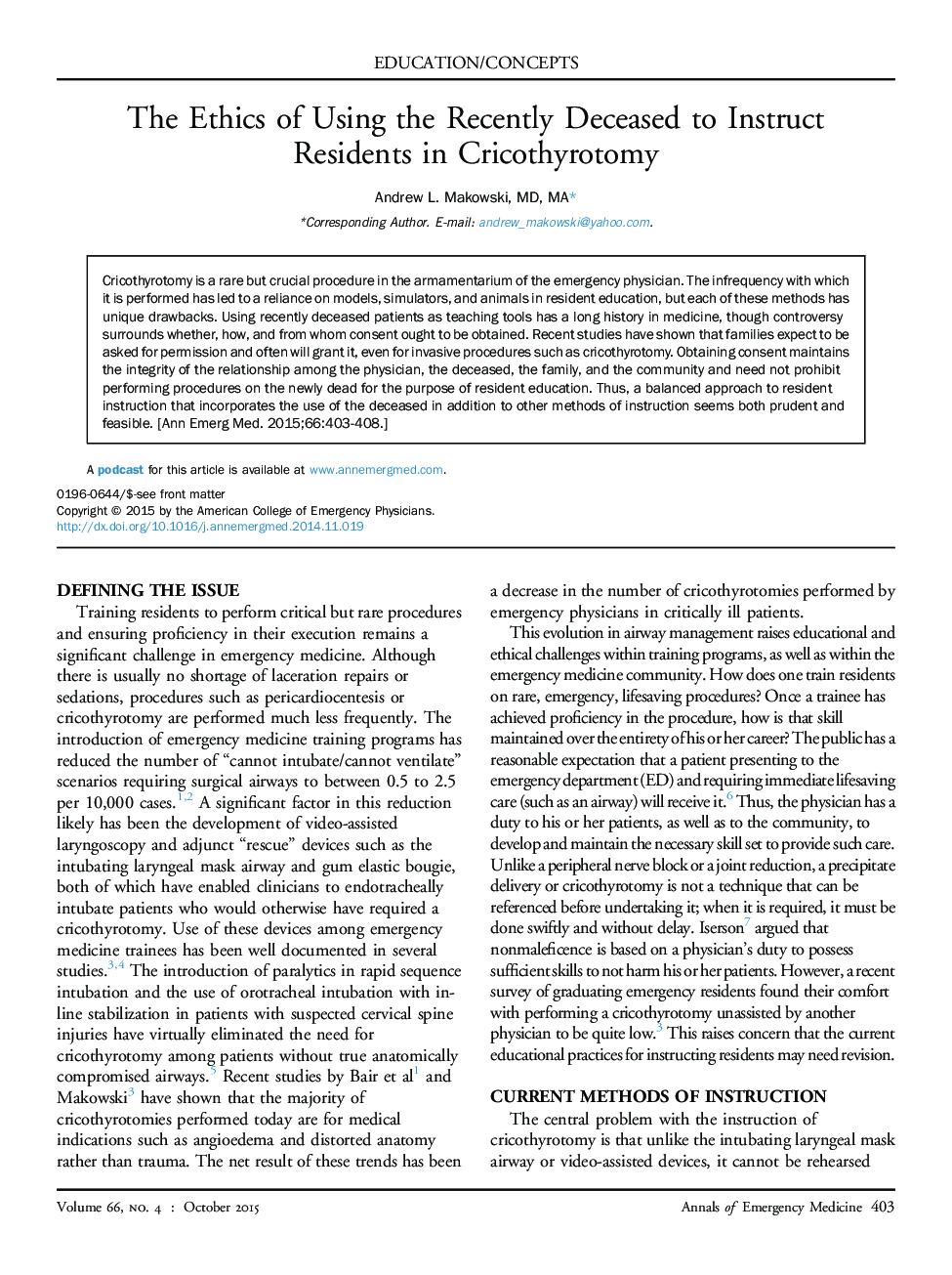 The Ethics of Using the Recently Deceased to Instruct Residents in Cricothyrotomy 