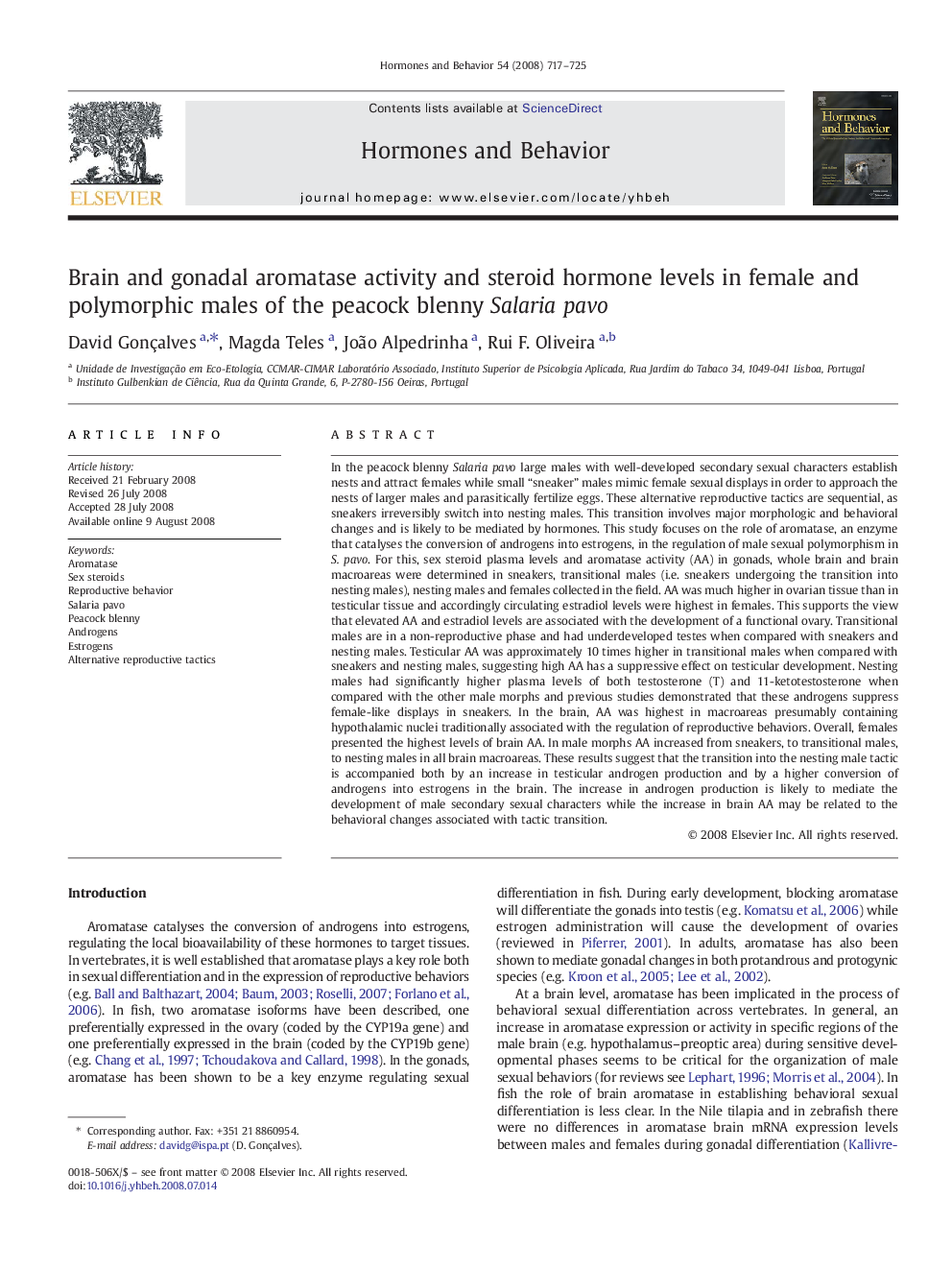 Brain and gonadal aromatase activity and steroid hormone levels in female and polymorphic males of the peacock blenny Salaria pavo