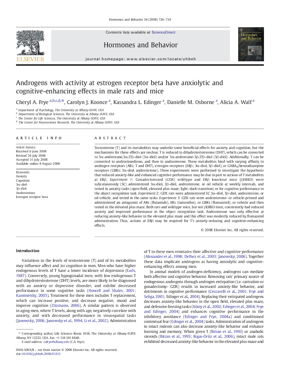 Androgens with activity at estrogen receptor beta have anxiolytic and cognitive-enhancing effects in male rats and mice