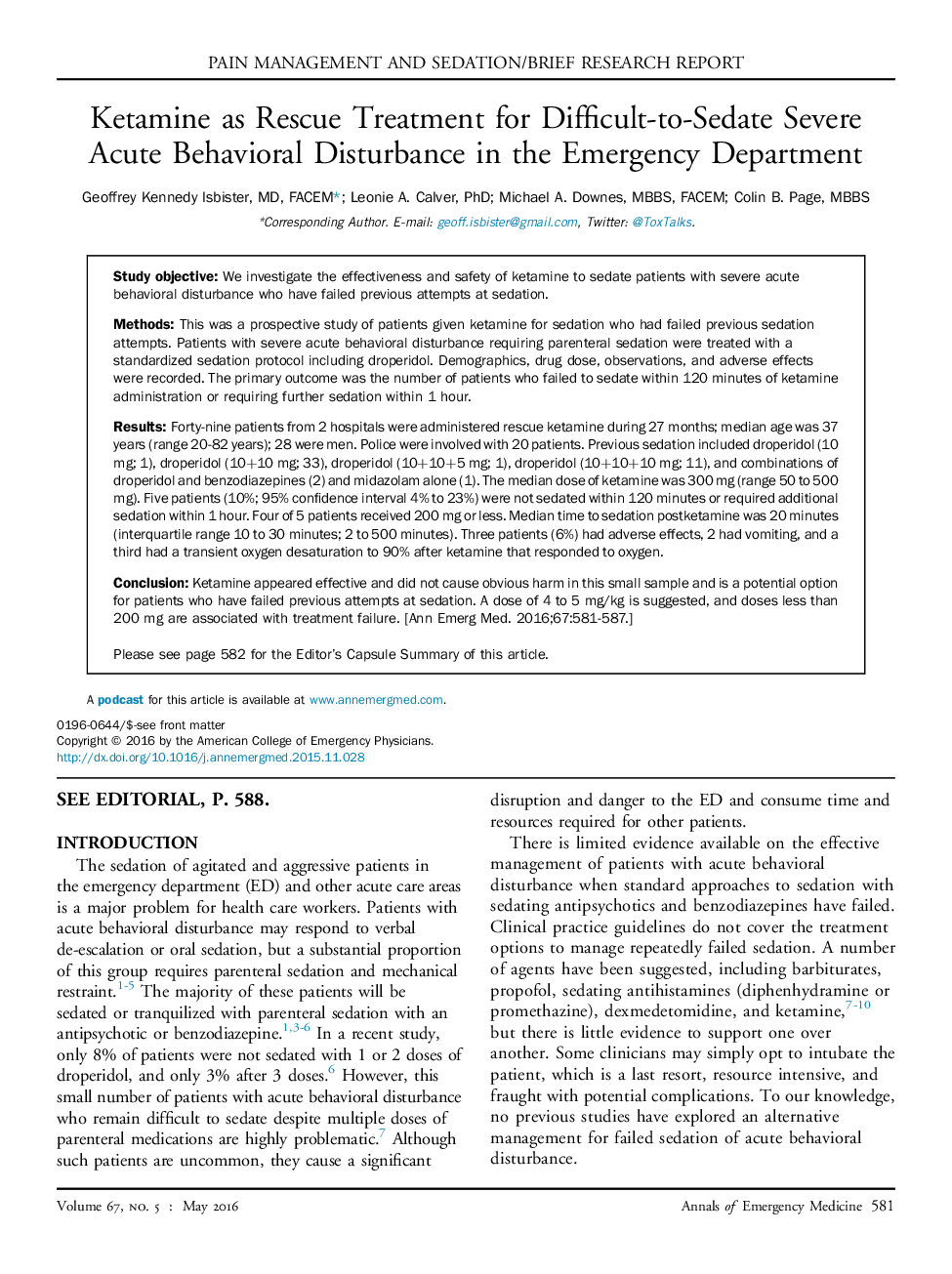 Ketamine as Rescue Treatment for Difficult-to-Sedate Severe AcuteÂ Behavioral Disturbance in the Emergency Department