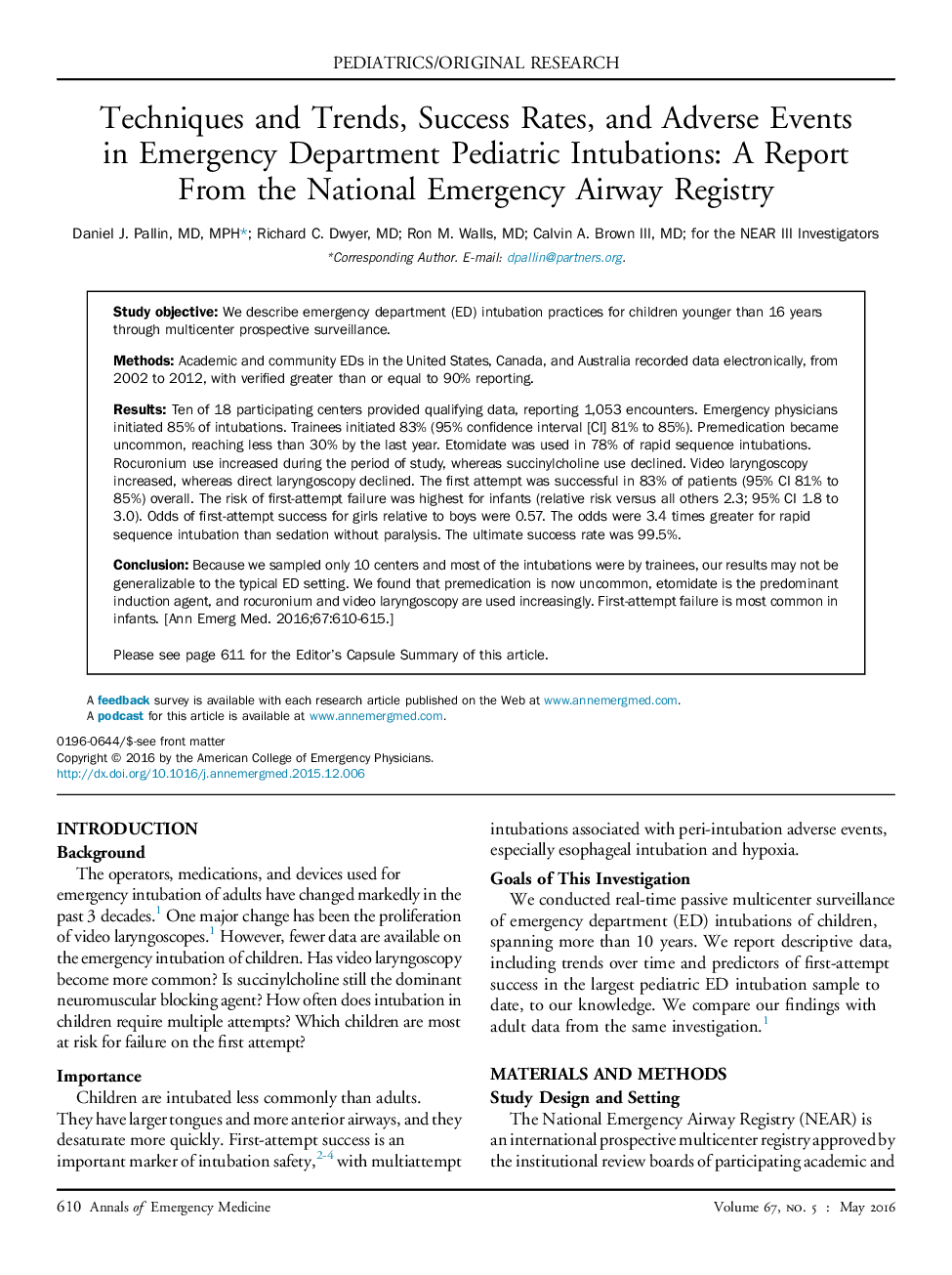 Techniques and Trends, Success Rates, and Adverse Events inÂ Emergency Department Pediatric Intubations: A Report FromÂ the National Emergency Airway Registry