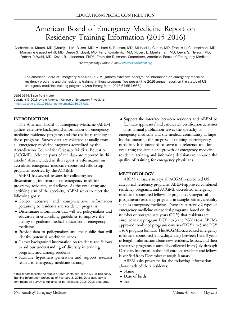 American Board of Emergency Medicine Report on Residency Training Information (2015-2016) 