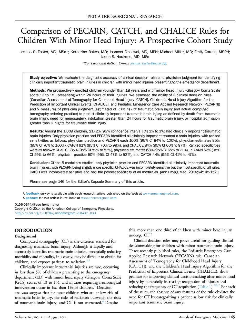 Comparison of PECARN, CATCH, and CHALICE Rules for Children With Minor Head Injury: A Prospective Cohort Study