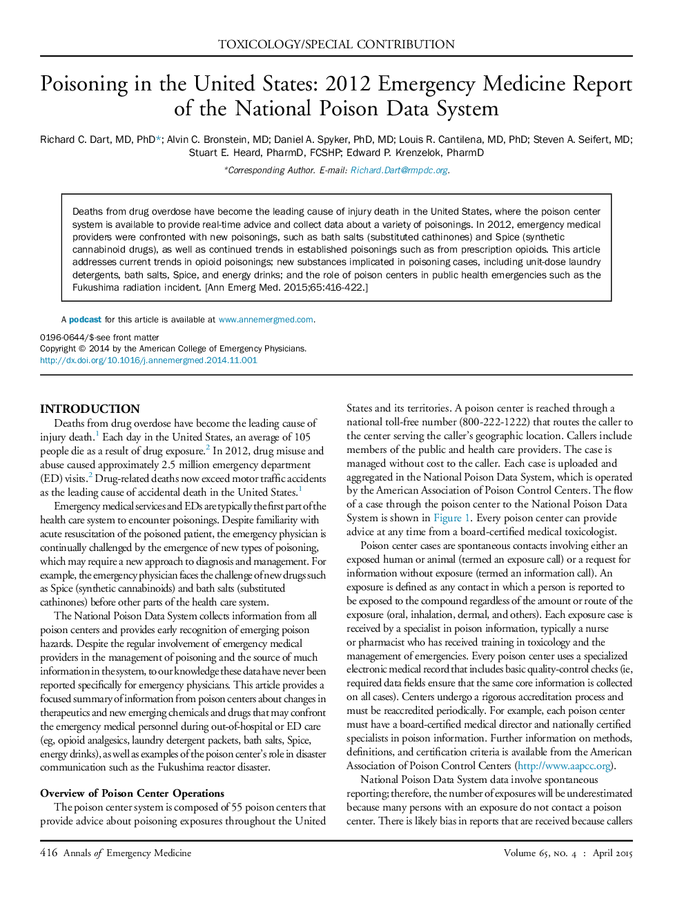 Poisoning in the United States: 2012 Emergency Medicine Report of the National Poison Data System 