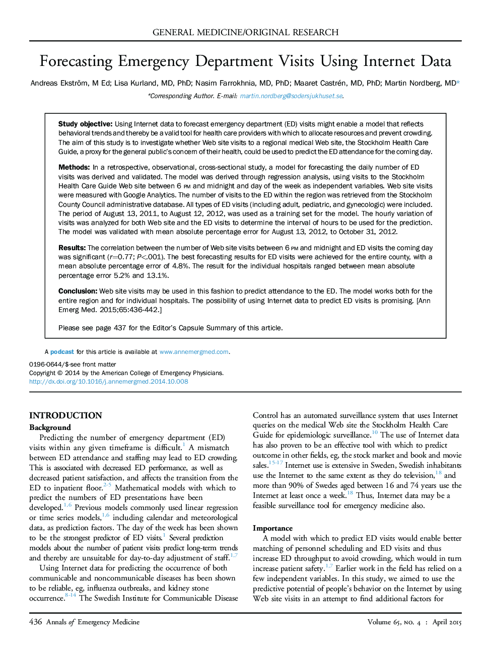 Forecasting Emergency Department Visits Using Internet Data