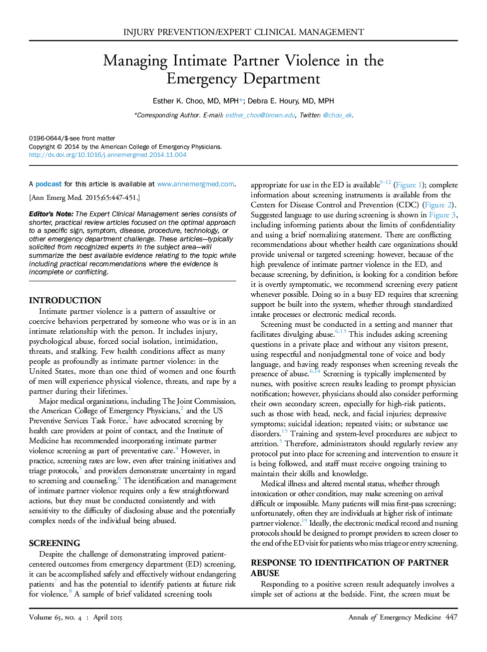 Managing Intimate Partner Violence in the Emergency Department