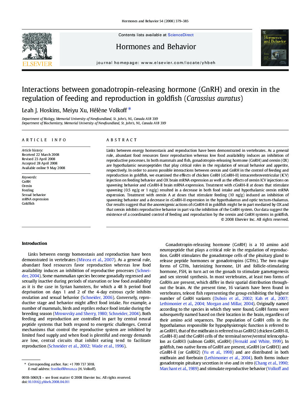 Interactions between gonadotropin-releasing hormone (GnRH) and orexin in the regulation of feeding and reproduction in goldfish (Carassius auratus)