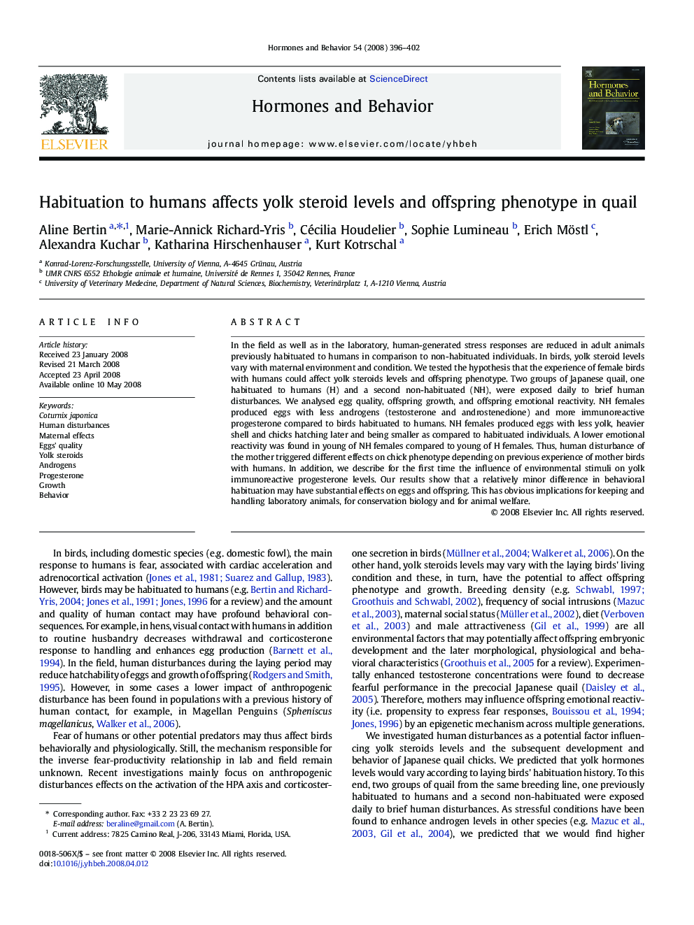 Habituation to humans affects yolk steroid levels and offspring phenotype in quail