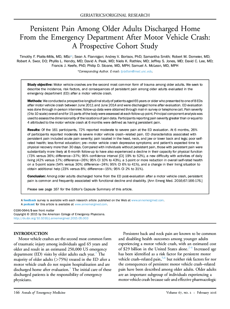 Persistent Pain Among Older Adults Discharged Home From the Emergency Department After Motor Vehicle Crash: A Prospective Cohort Study