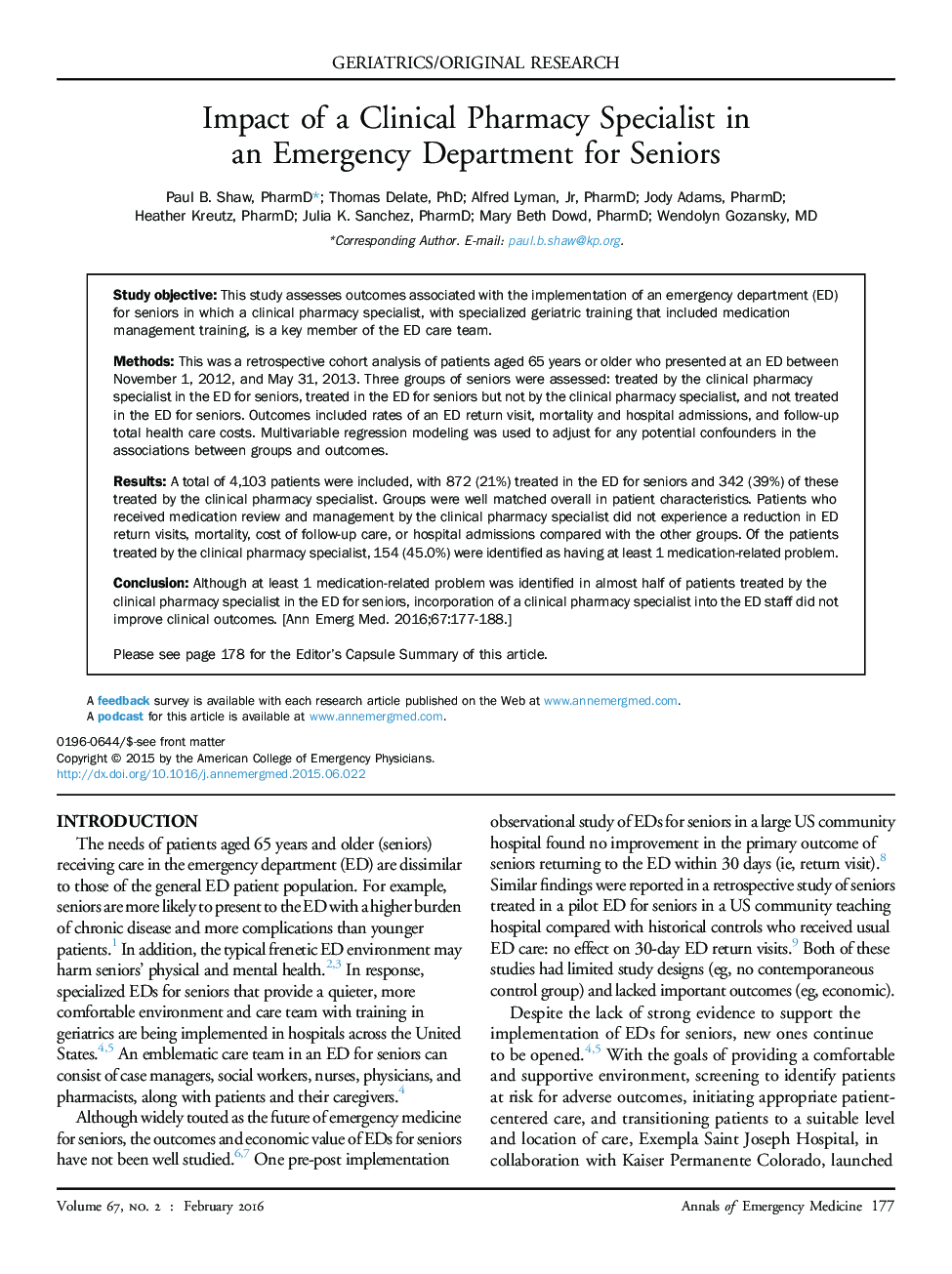 Impact of a Clinical Pharmacy Specialist in an Emergency Department for Seniors 