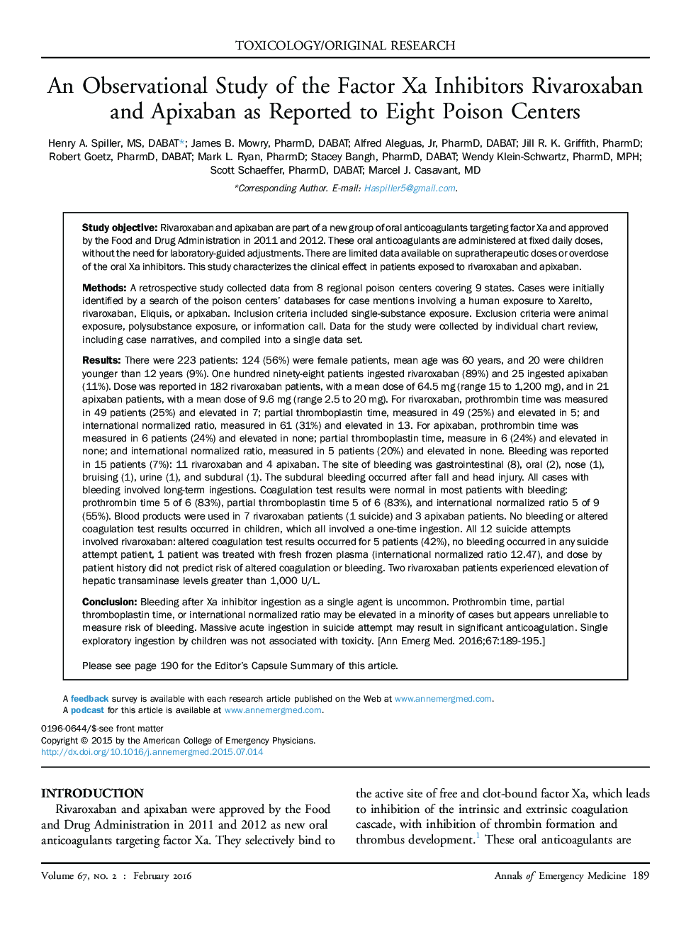 An Observational Study of the Factor Xa Inhibitors Rivaroxaban and Apixaban as Reported to Eight Poison Centers 