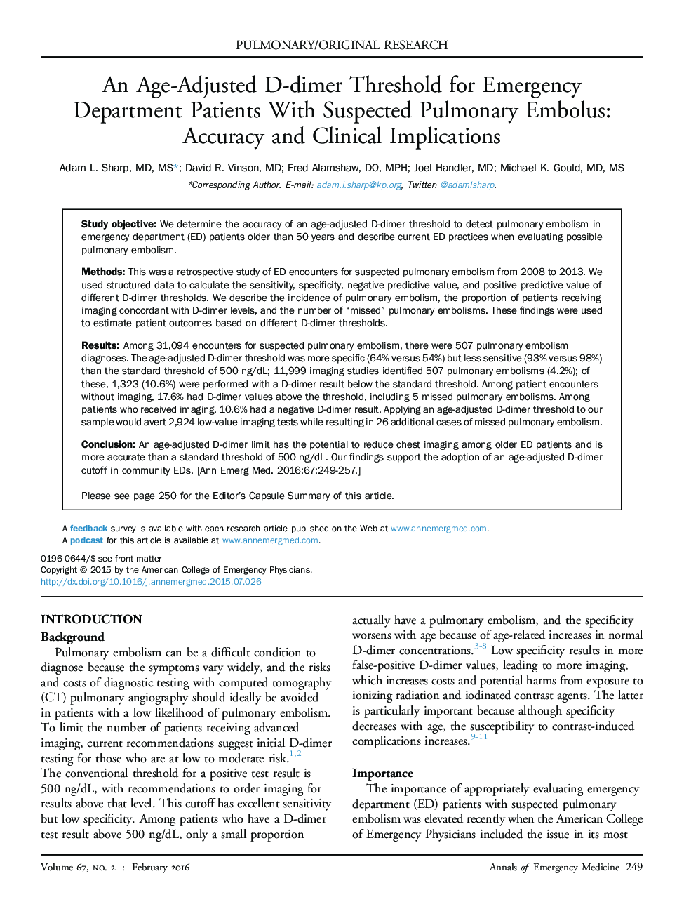 An Age-Adjusted D-dimer Threshold for Emergency Department Patients With Suspected Pulmonary Embolus: Accuracy and Clinical Implications 