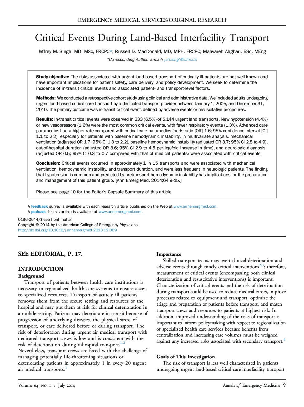 Critical Events During Land-Based Interfacility Transport