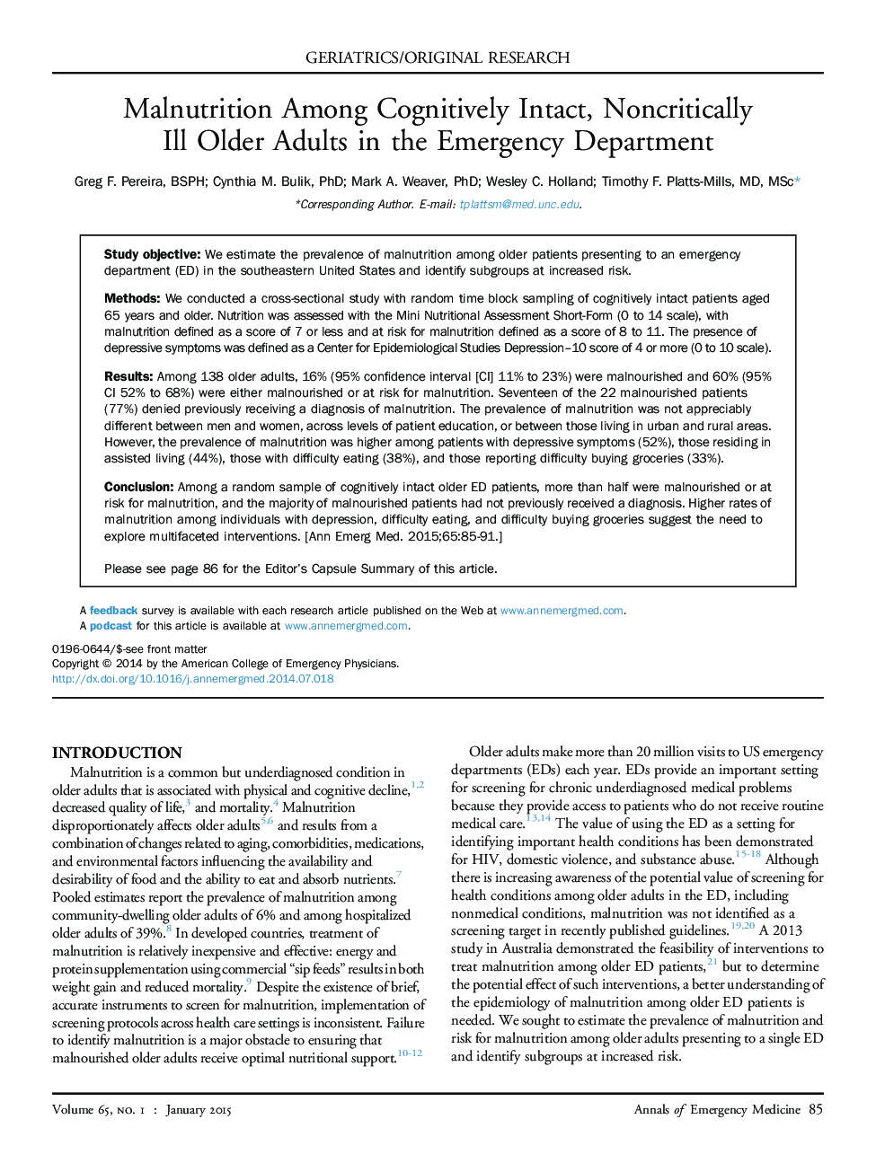 Malnutrition Among Cognitively Intact, Noncritically Ill Older Adults in the Emergency Department 