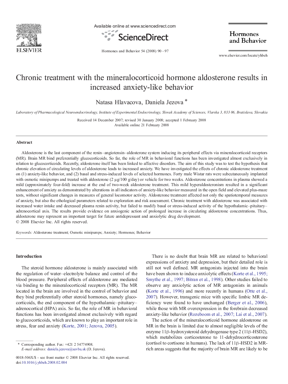 Chronic treatment with the mineralocorticoid hormone aldosterone results in increased anxiety-like behavior