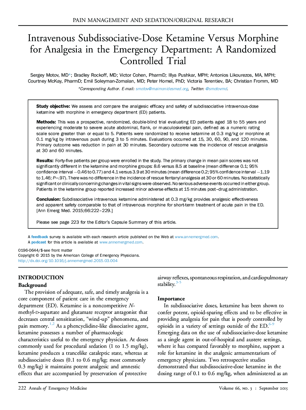 Intravenous Subdissociative-Dose Ketamine Versus Morphine for Analgesia in the Emergency Department: A Randomized Controlled Trial