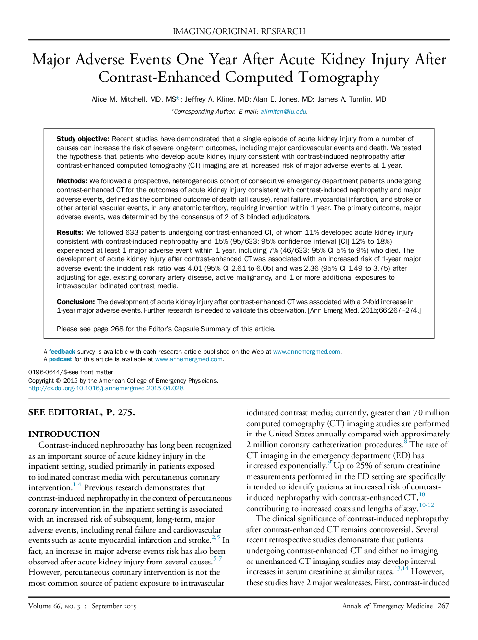 Major Adverse Events One Year After Acute Kidney Injury After Contrast-Enhanced Computed Tomography