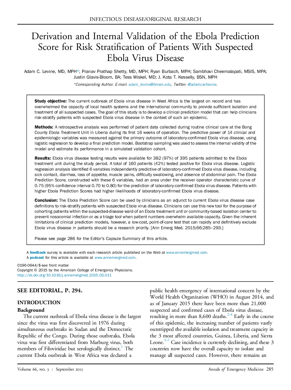 Derivation and Internal Validation of the Ebola Prediction ScoreÂ for Risk Stratification of Patients With Suspected EbolaÂ VirusÂ Disease