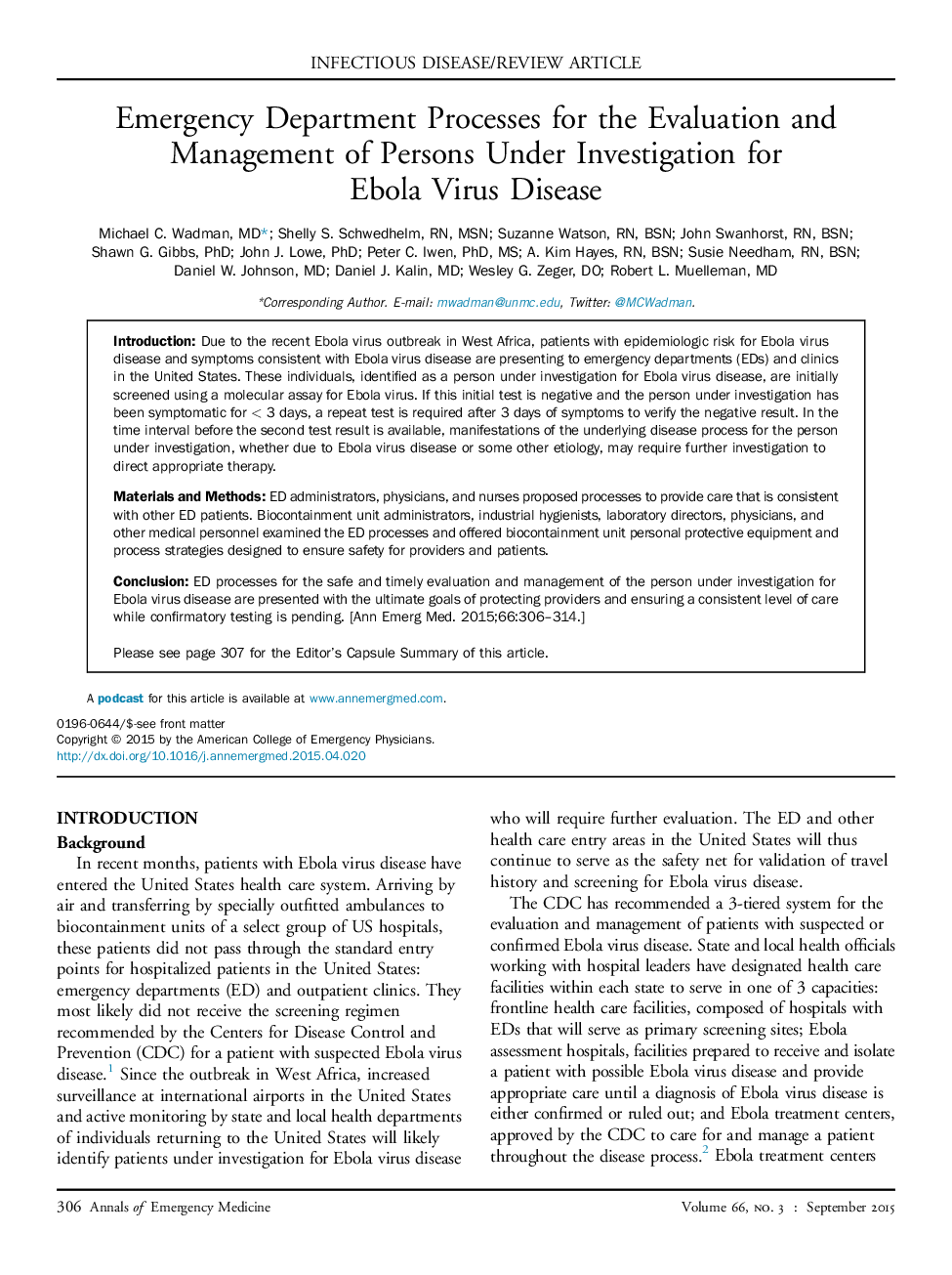 Emergency Department Processes for the Evaluation and Management of Persons Under Investigation for Ebola Virus Disease 