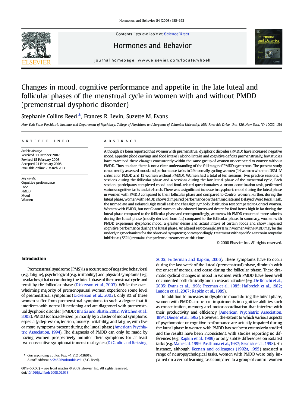 Changes in mood, cognitive performance and appetite in the late luteal and follicular phases of the menstrual cycle in women with and without PMDD (premenstrual dysphoric disorder)