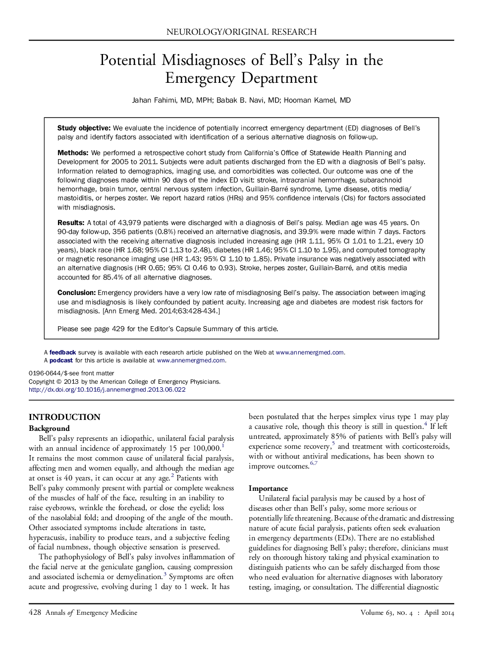 Potential Misdiagnoses of Bell's Palsy in the Emergency Department 