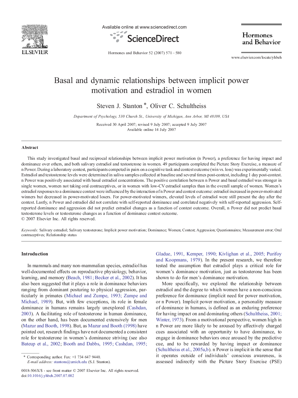 Basal and dynamic relationships between implicit power motivation and estradiol in women