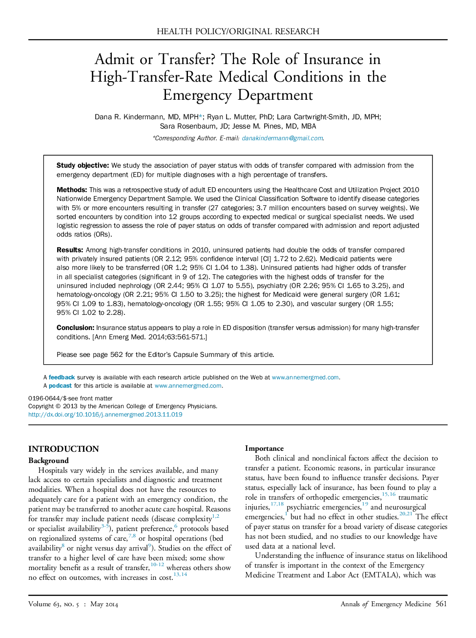 Admit or Transfer? The Role of Insurance in High-Transfer-Rate Medical Conditions in the Emergency Department