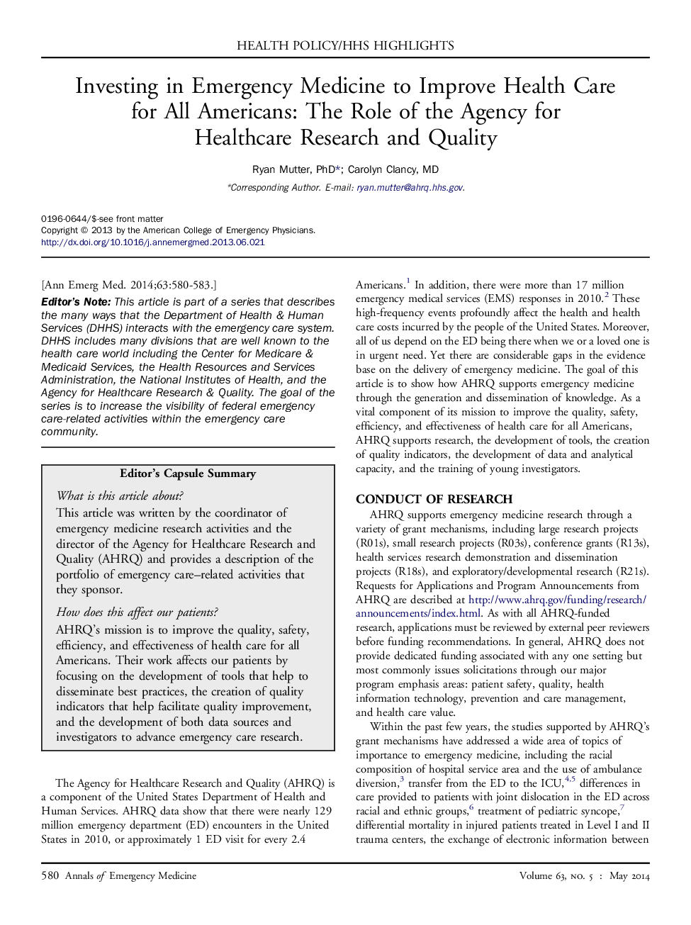 Investing in Emergency Medicine to Improve Health Care forÂ AllÂ Americans: The Role of the Agency for HealthcareÂ ResearchÂ and Quality