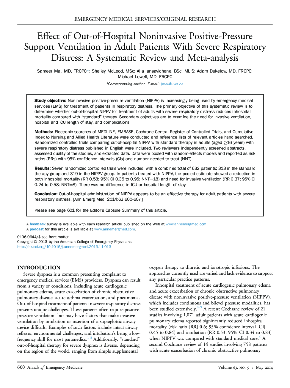 Effect of Out-of-Hospital Noninvasive Positive-Pressure Support Ventilation in Adult Patients With Severe Respiratory Distress: A Systematic Review and Meta-analysis