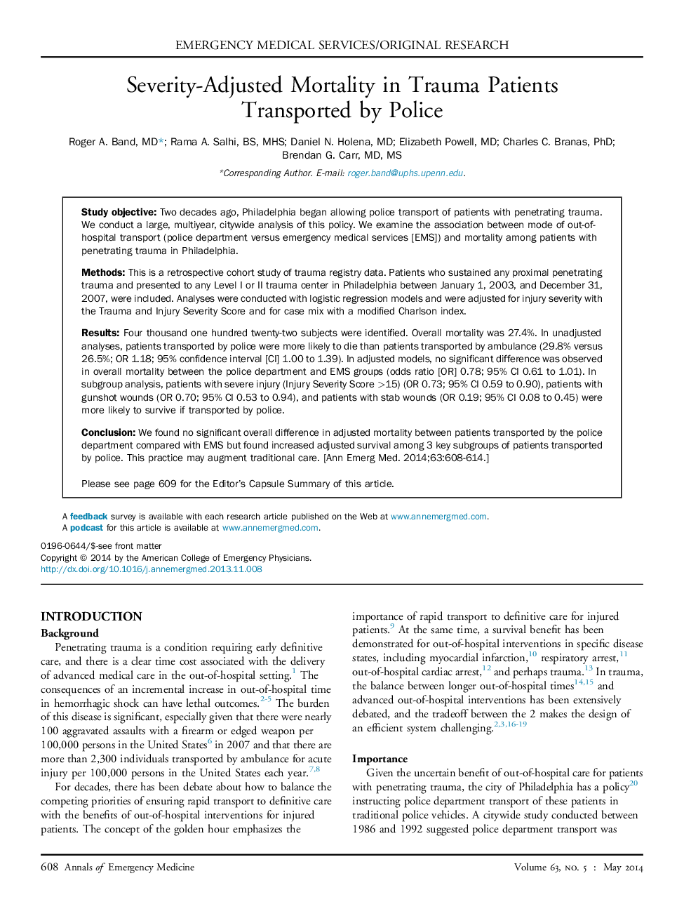 Severity-Adjusted Mortality in Trauma Patients Transported by Police