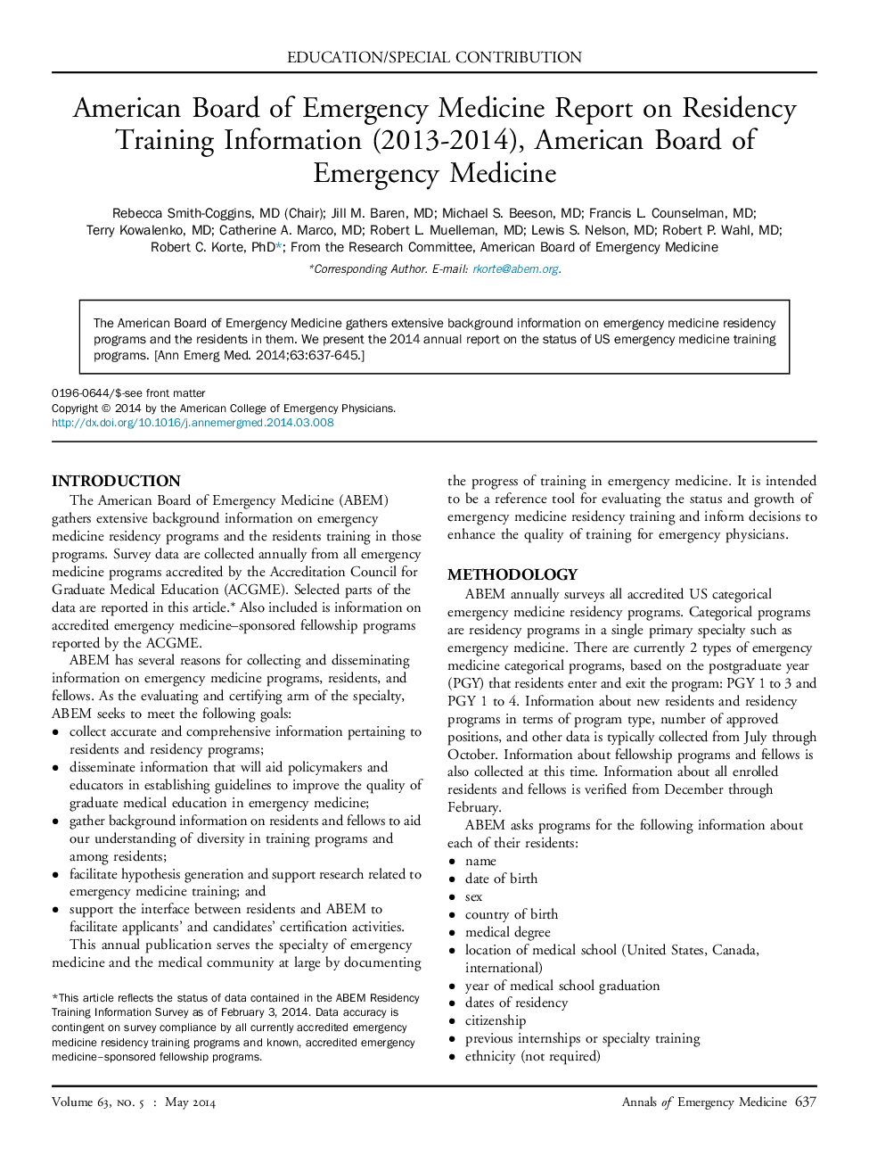 American Board of Emergency Medicine Report on Residency Training Information (2013-2014), American Board of Emergency Medicine 